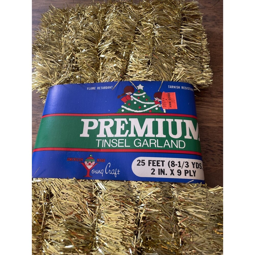 25 Feet NOS Gold Christmas Tinsel Garland Premium Christmas Made USA 2” New Old
